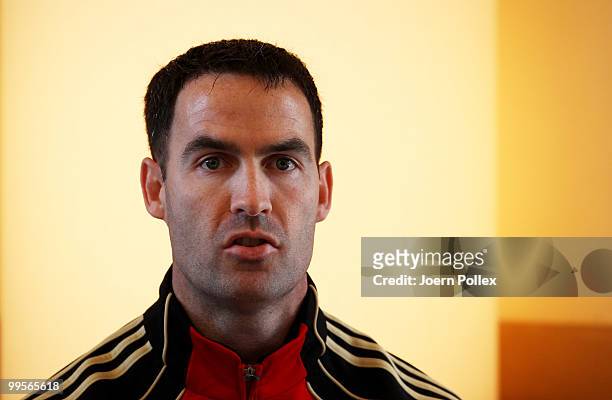 Condition coach Shad Forsythe of Germany talks to the media during a press conference of the German National Football team at Verdura Golf and Spa...