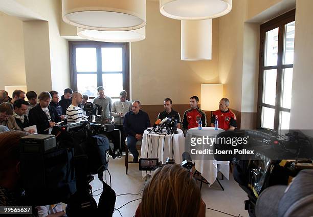 Assistant coach Hans Dieter Flick talks to the media during a press conference of the German National Football team at Verdura Golf and Spa Resort is...