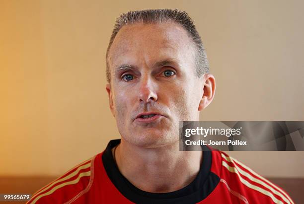 Fitnesscoach Marc Verstegen of Germany talks to the media during a press conference of the German National Footabll team at Verdura Golf and Spa...