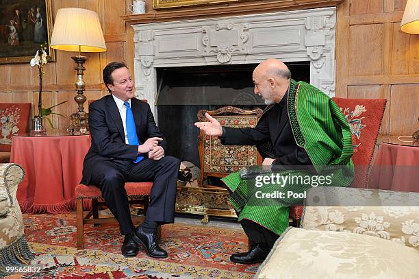 Prime Minister David Cameron holds talks with Aghan President Hamid Karzai, at Chequers, on May 15, 2010 in Ellesborough, England. The talks,...