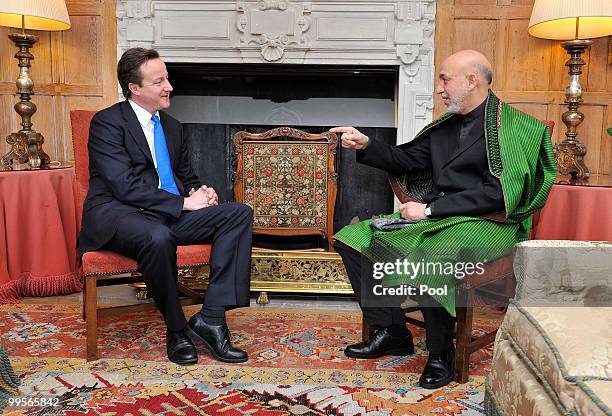 Prime Minister David Cameron holds talks with Aghan President Hamid Karzai, at Chequers, on May 15, 2010 in Ellesborough, England. The talks,...