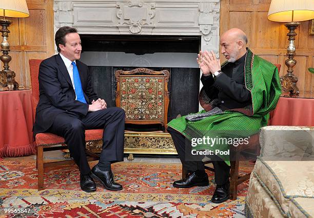 Prime Minister David Cameron holds talks with Aghan President Hamid Karzai, at Chequers, on May 15, 2010 in Ellesborough, England. The talks,...