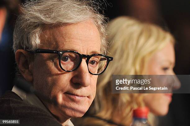 Director Woody Allen and actress Naomi Watts attend the "You Will Meet A Tall Dark Stranger" press conference at the Palais des Festivals during the...