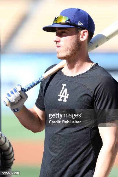 Cody Bellinger of the Los Angeles Dodgers looks on before the game against the Chicago Cubs at Dodger Stadium on June 27, 2018 in Los Angeles,...