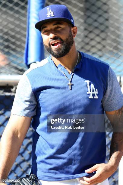 Matt Kemp of the Los Angeles Dodgers looks on before the game against the Chicago Cubs at Dodger Stadium on June 27, 2018 in Los Angeles, California....