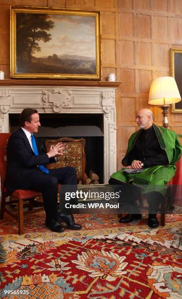 Prime Minister David Cameron holds talks with Aghan President Hamid Karzai, at Chequers, on May 15, 2010 in Ellesborough, England. The talks,...