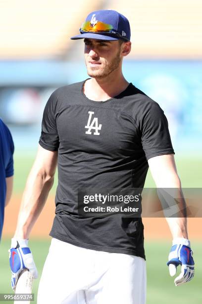 Cody Bellinger of the Los Angeles Dodgers looks on before the game against the Chicago Cubs at Dodger Stadium on June 27, 2018 in Los Angeles,...