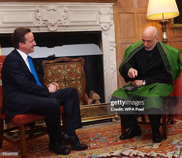 Prime Minister David Cameron holds talks with Aghan President Hamid Karzai, at Chequers, on May 15, 2010 in Ellesborough, England. The talks,...