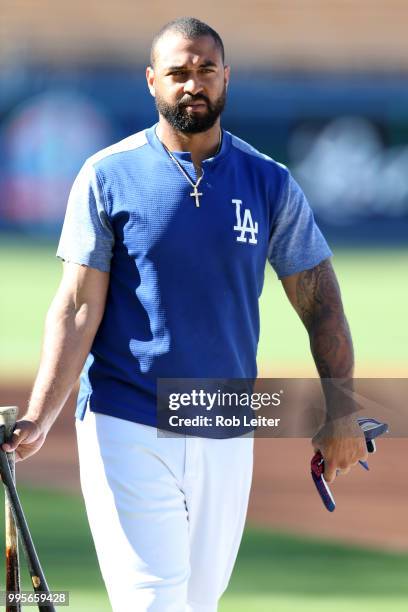 Matt Kemp of the Los Angeles Dodgers looks on before the game against the Chicago Cubs at Dodger Stadium on June 27, 2018 in Los Angeles, California....