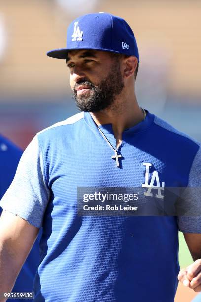 Matt Kemp of the Los Angeles Dodgers looks on before the game against the Chicago Cubs at Dodger Stadium on June 27, 2018 in Los Angeles, California....