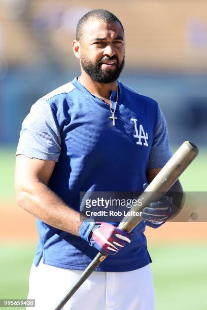 Matt Kemp of the Los Angeles Dodgers looks on before the game against the Chicago Cubs at Dodger Stadium on June 27, 2018 in Los Angeles, California....