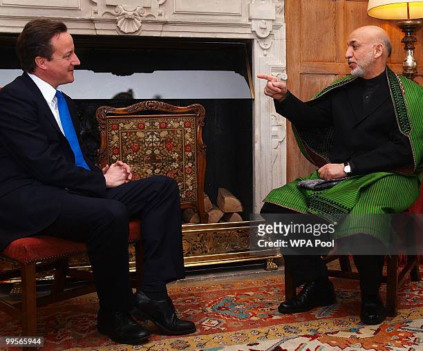 Prime Minister David Cameron holds talks with Aghan President Hamid Karzai, at Chequers, on May 15, 2010 in Ellesborough, England. The talks,...
