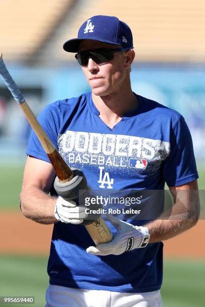 Chase Utley of the Los Angeles Dodgers looks on before the game against the Chicago Cubs at Dodger Stadium on June 27, 2018 in Los Angeles,...