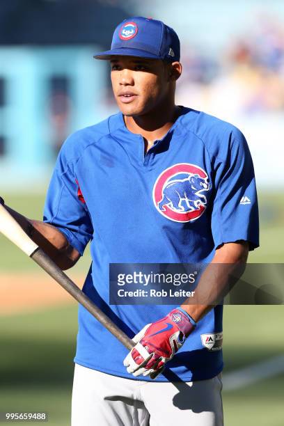 Addison Russell of the Chicago Cubs looks on before the game against the Los Angeles Dodgers at Dodger Stadium on June 27, 2018 in Los Angeles,...