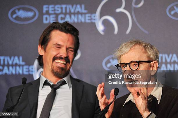 Actor Josh Brolin and Director Woody Allen attend the "You Will Meet A Tall Dark Stranger" press conference at the Palais des Festivals during the...