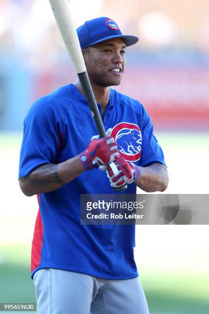 Addison Russell of the Chicago Cubs looks on before the game against the Los Angeles Dodgers at Dodger Stadium on June 27, 2018 in Los Angeles,...