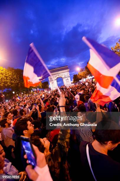 Celebrations on Les Champs Elysees after the victory of France in the Semi final of the FIFA world cup 2018. July 10, 2018 in Paris, France.
