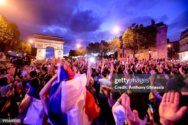 Celebrations on Les Champs Elysees after the victory of France in the Semi final of the FIFA world cup 2018. July 10, 2018 in Paris, France.