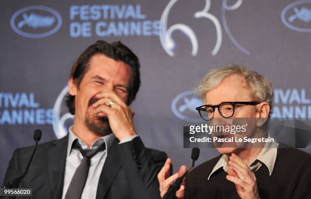 Actor Josh Brolin and Director Woody Allen attend the "You Will Meet A Tall Dark Stranger" press conference at the Palais des Festivals during the...