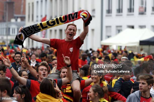 Belgian soccer fans attend Belgium National team 'Les Diables Rouges' vs France National Team during FIFA WC 2018 Belgium vs France at Tournai Fan...