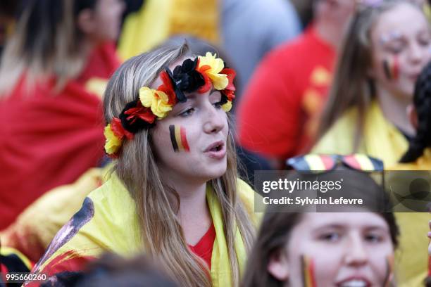 Belgian soccer fans attend Belgium National team 'Les Diables Rouges' vs France National Team during FIFA WC 2018 Belgium vs France at Tournai Fan...