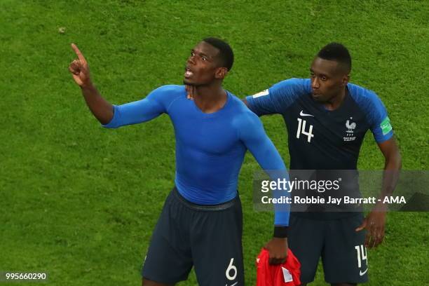 Paul Pogba of France celebrates at full time with Blaise Matuidi of France during the 2018 FIFA World Cup Russia Semi Final match between Belgium and...