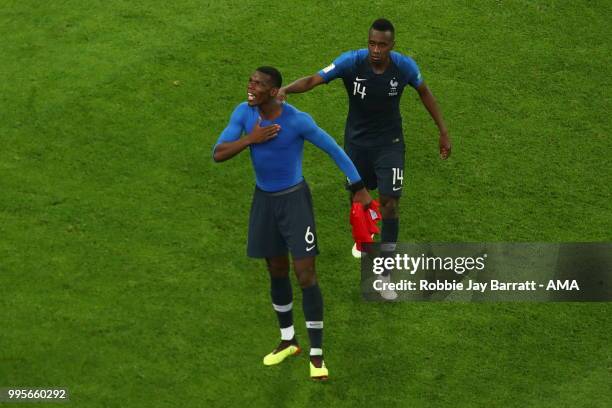 Paul Pogba of France celebrates at full time with Blaise Matuidi of France during the 2018 FIFA World Cup Russia Semi Final match between Belgium and...