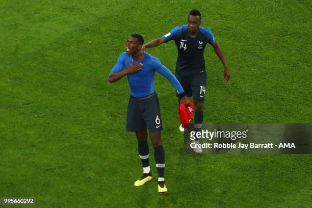 Paul Pogba of France celebrates at full time with Blaise Matuidi of France during the 2018 FIFA World Cup Russia Semi Final match between Belgium and...