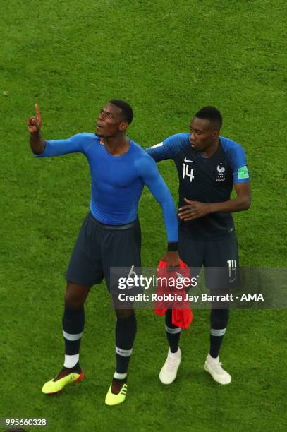 Paul Pogba of France celebrates at full time with Blaise Matuidi of France during the 2018 FIFA World Cup Russia Semi Final match between Belgium and...