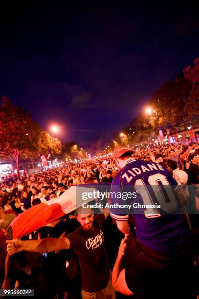 Celebrations on Les Champs Elysees after the victory of France in the Semi final of the FIFA world cup 2018. July 10, 2018 in Paris, France.