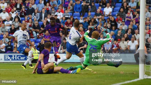 Divock Origi of Liverpool comes close to scoring during the pre-season friendly match between Tranmere Rovers and Liverpool at Prenton Park on July...