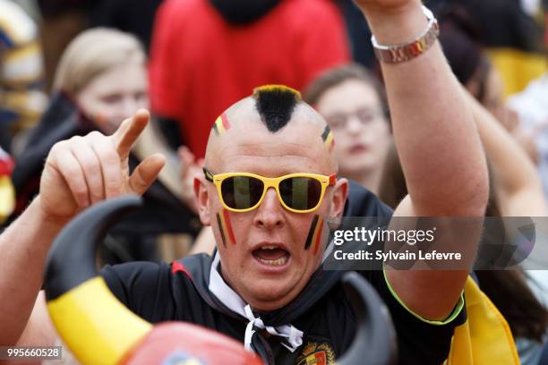 Belgian soccer fans attend Belgium National team 'Les Diables Rouges' vs France National Team during FIFA WC 2018 Belgium vs France at Tournai Fan...