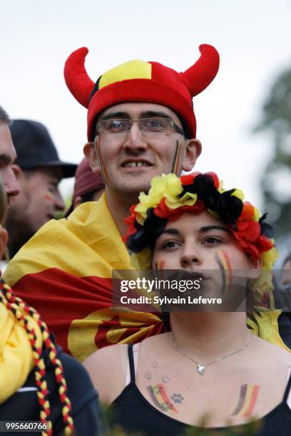 Belgian soccer fans attend Belgium National team 'Les Diables Rouges' vs France National Team during FIFA WC 2018 Belgium vs France at Tournai Fan...