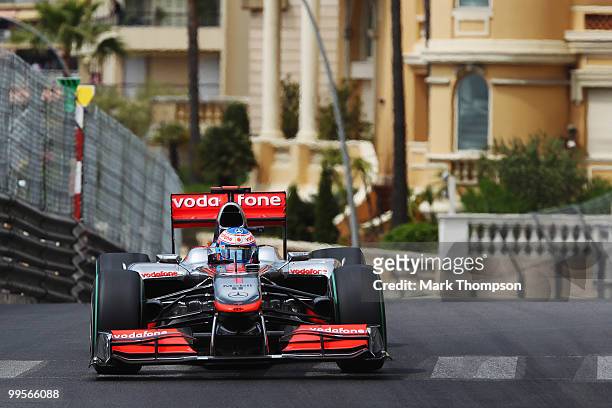 Jenson Button of Great Britain and McLaren Mercedes drives in the final practice session prior to qualifying for the Monaco Formula One Grand Prix at...