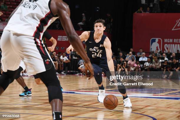 Grayson Allen of the Utah Jazz handles the ball against the Miami Heat during the 2018 Las Vegas Summer League on July 9, 2018 at the Thomas & Mack...