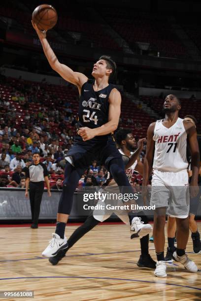 Grayson Allen of the Utah Jazz shoots the ball against the Miami Heat during the 2018 Las Vegas Summer League on July 9, 2018 at the Thomas & Mack...