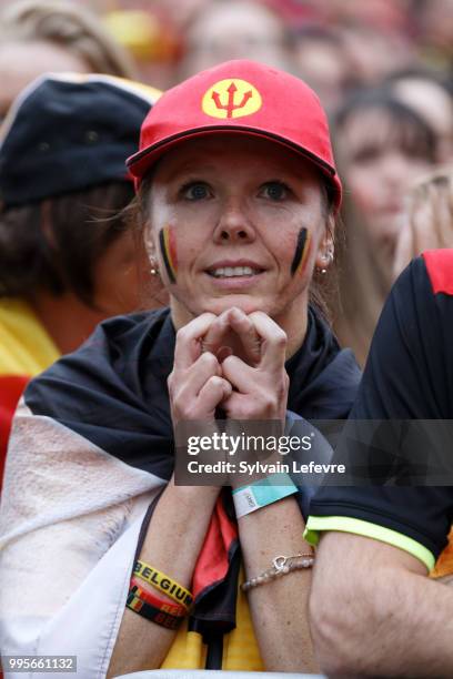 Belgian soccer fans attend Belgium National team 'Les Diables Rouges' vs France National Team during FIFA WC 2018 Belgium vs France at Tournai Fan...