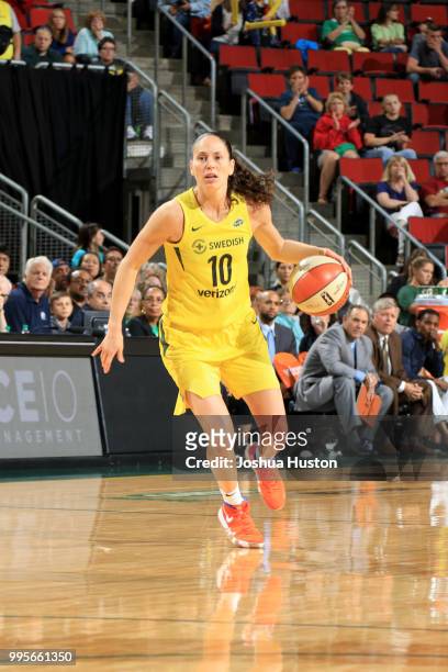 Sue Bird of the Seattle Storm handles the ball against the Los Angeles Sparks on July 10, 2018 at Key Arena in Seattle, Washington. NOTE TO USER:...