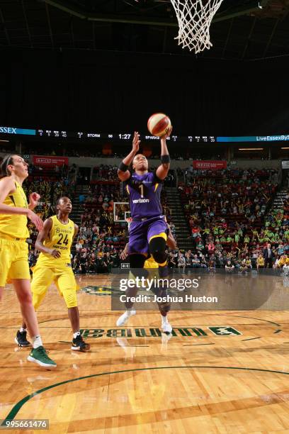 Odyssey Sims of the Los Angeles Sparks goes to the basket against the Seattle Storm on July 10, 2018 at Key Arena in Seattle, Washington. NOTE TO...