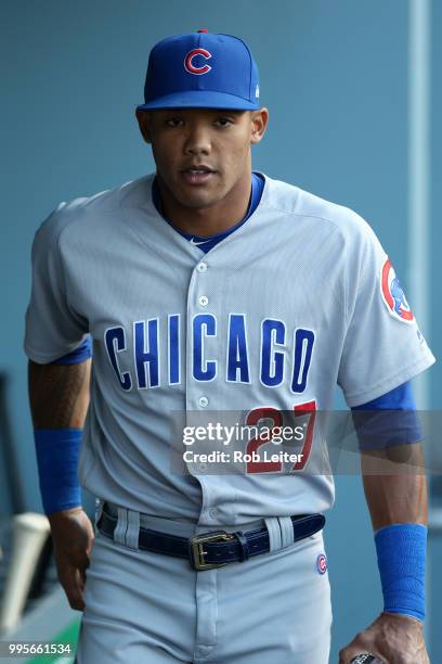 Addison Russell of the Chicago Cubs looks on before the game against the Los Angeles Dodgers at Dodger Stadium on June 27, 2018 in Los Angeles,...