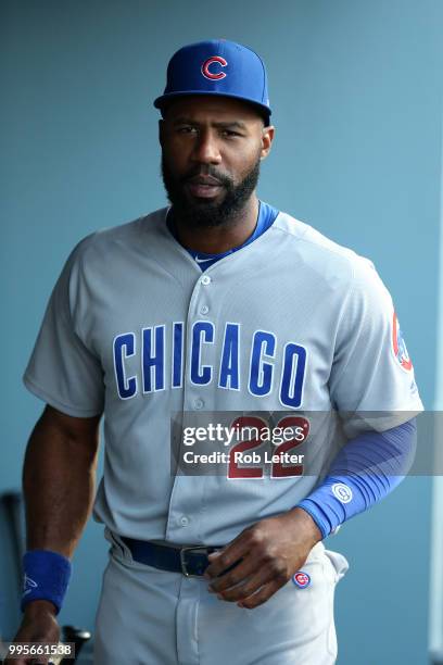 Jason Heyward of the Chicago Cubs looks on before the game against the Los Angeles Dodgers at Dodger Stadium on June 27, 2018 in Los Angeles,...