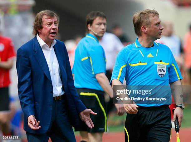 Head coach Yuri Syomin of FC Lokomotiv Moscow gestures during the Russian Football League Championship match between FC Lokomotiv Moscow and FC Amkar...