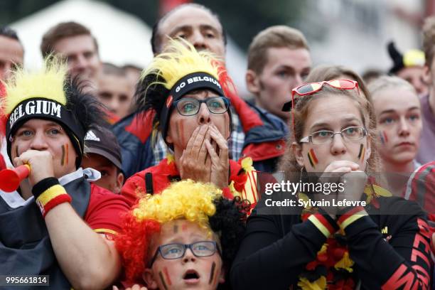 Belgian soccer fans attend Belgium National team 'Les Diables Rouges' vs France National Team during FIFA WC 2018 Belgium vs France at Tournai Fan...