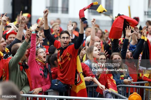Belgian soccer fans attend Belgium National team 'Les Diables Rouges' vs France National Team during FIFA WC 2018 Belgium vs France at Tournai Fan...