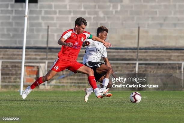 Napredak midfielder Milos Vulic from Serbia vies with SL Benfica midfielder Gedson Fernandes from Portugal for the ball possession during the Benfica...