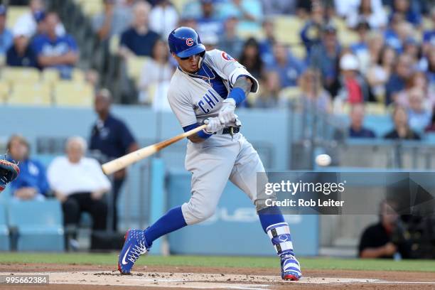 Javier Baez of the Chicago Cubs bats during the game against the Los Angeles Dodgers at Dodger Stadium on June 27, 2018 in Los Angeles, California....