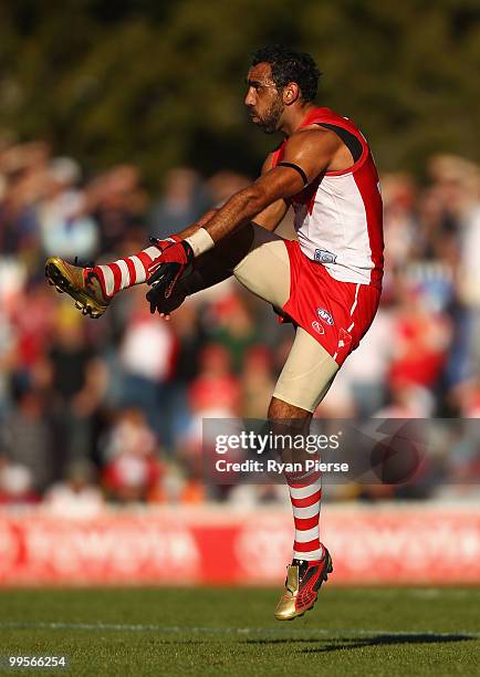 Adam Goodes of the Swans kicks during the round eight AFL match between the Western Bulldogs and the Sydney Swans at Manuka Oval on May 15, 2010 in...