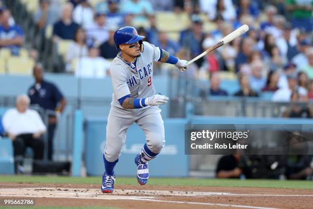 Javier Baez of the Chicago Cubs bats during the game against the Los Angeles Dodgers at Dodger Stadium on June 27, 2018 in Los Angeles, California....