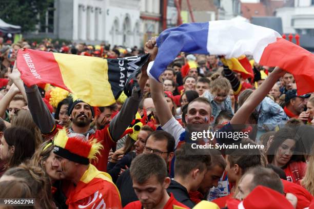 French and Belgian soccer fans attend Belgium National team 'Les Diables Rouges' vs France National Team during FIFA WC 2018 Belgium vs France at...