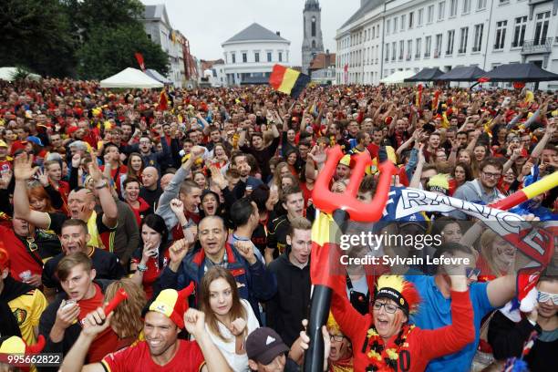 French and Belgian soccer fans attend Belgium National team 'Les Diables Rouges' vs France National Team during FIFA WC 2018 Belgium vs France at...